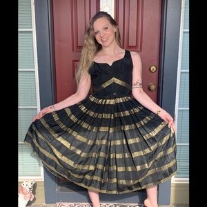 1950s Henry Rosenfeld Dress, Black and Gold Fit and Flare Cocktail Dress